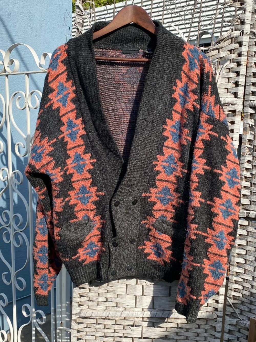 1980s Dark Gray Cardigan Sweater Shawl Collar Vintage Aztec Southwestern XL